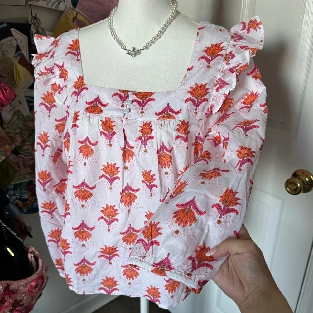 NWT J. Crew Orange Ruffled 3/4 Sleeve Blouse Large